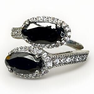 Sterling Silver Black Onyx 2 Stone Bypass Ring Adjustable Size 8 Diamond Halo